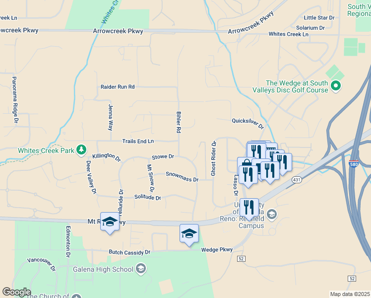 map of restaurants, bars, coffee shops, grocery stores, and more near 2205 Stowe Drive in Reno