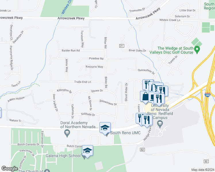 map of restaurants, bars, coffee shops, grocery stores, and more near 2205 Stowe Drive in Reno