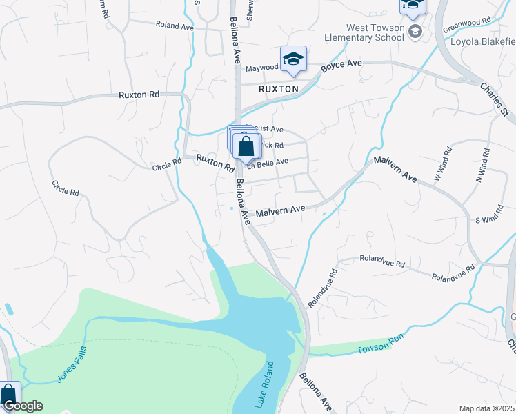 map of restaurants, bars, coffee shops, grocery stores, and more near 7 Ruxview Court in Towson