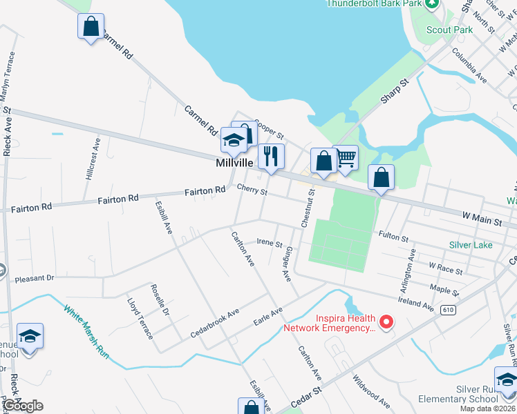 map of restaurants, bars, coffee shops, grocery stores, and more near 104 South Pearl Street in Millville