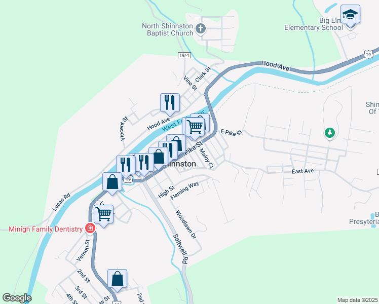 map of restaurants, bars, coffee shops, grocery stores, and more near in Shinnston