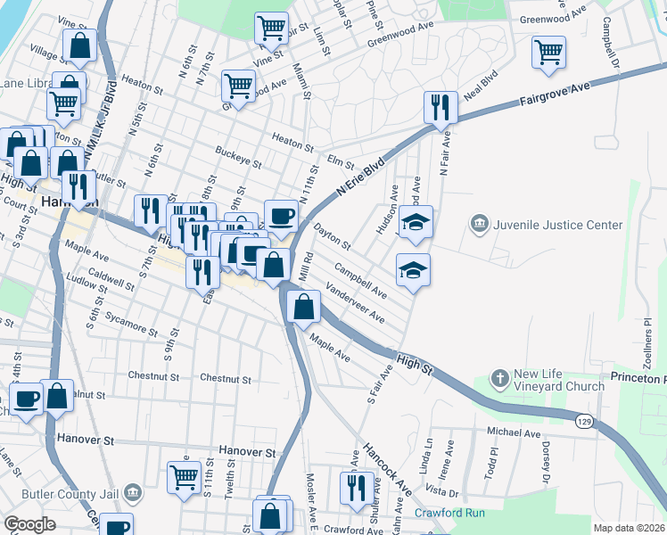 map of restaurants, bars, coffee shops, grocery stores, and more near 1230 Vanderveer Avenue in Hamilton