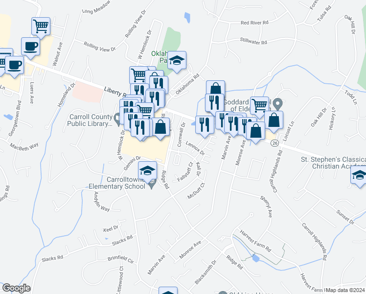 map of restaurants, bars, coffee shops, grocery stores, and more near 1901 Lennox Drive in Sykesville