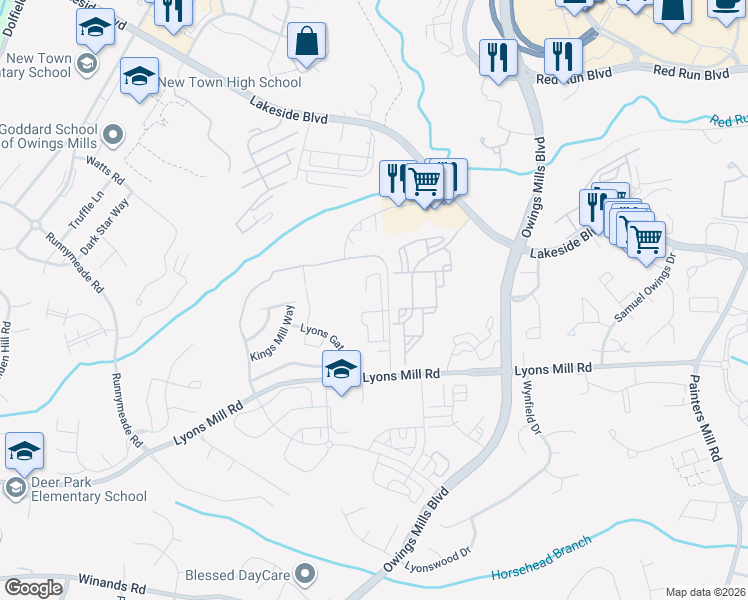 map of restaurants, bars, coffee shops, grocery stores, and more near 9400 Wordsworth Way in Owings Mills