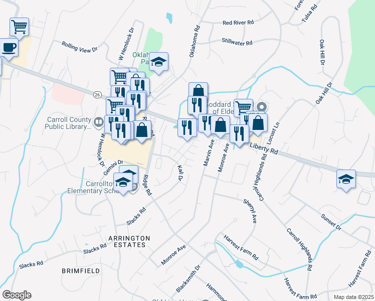 map of restaurants, bars, coffee shops, grocery stores, and more near Dundee Drive in Eldersburg
