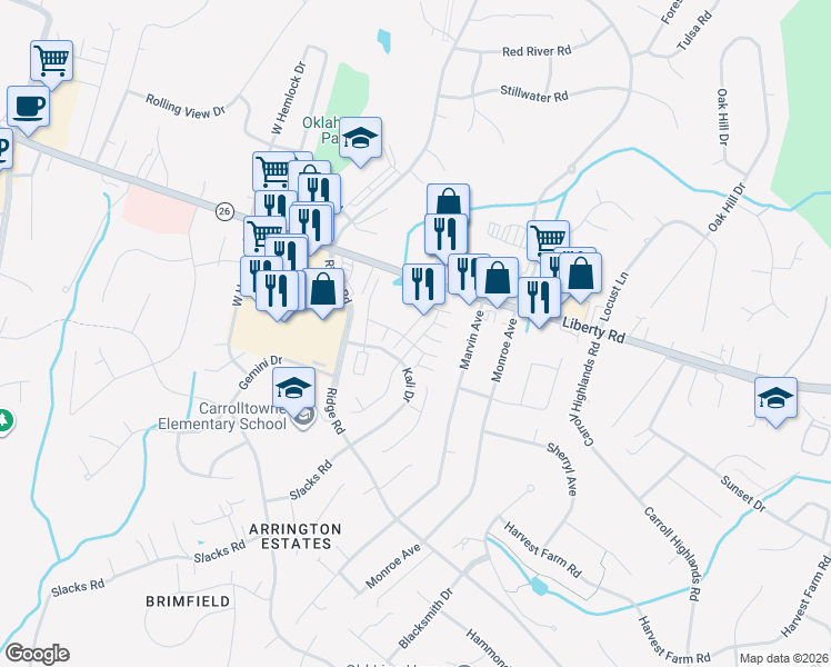 map of restaurants, bars, coffee shops, grocery stores, and more near 1819 Cassandra Drive in Eldersburg
