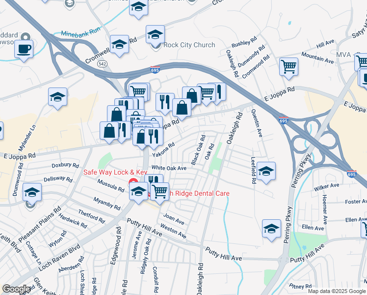 map of restaurants, bars, coffee shops, grocery stores, and more near 8650 Rock Oak Road in Parkville
