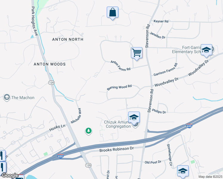 map of restaurants, bars, coffee shops, grocery stores, and more near 8316 Burning Wood Road in Pikesville