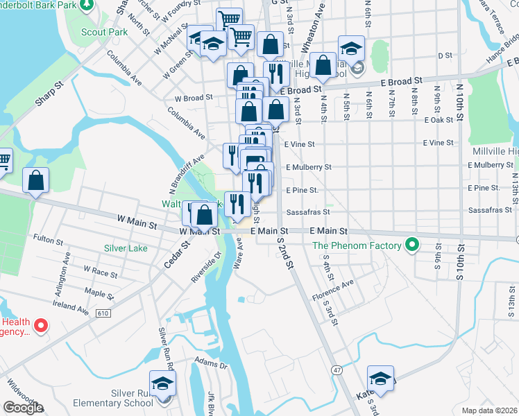 map of restaurants, bars, coffee shops, grocery stores, and more near 28 North High Street in Millville