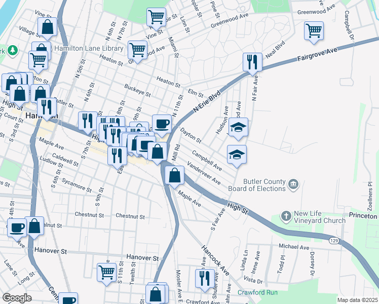map of restaurants, bars, coffee shops, grocery stores, and more near 1219 Campbell Avenue in Hamilton