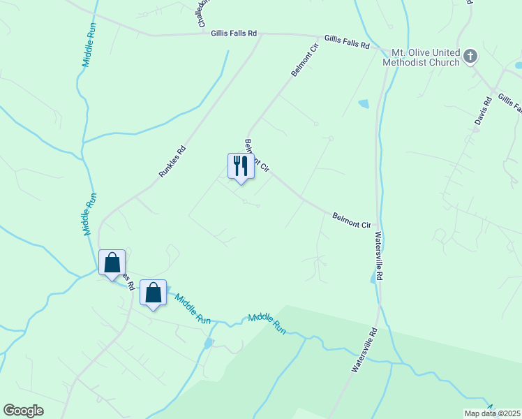 map of restaurants, bars, coffee shops, grocery stores, and more near 6419 Homebuilder Drive in Mount Airy