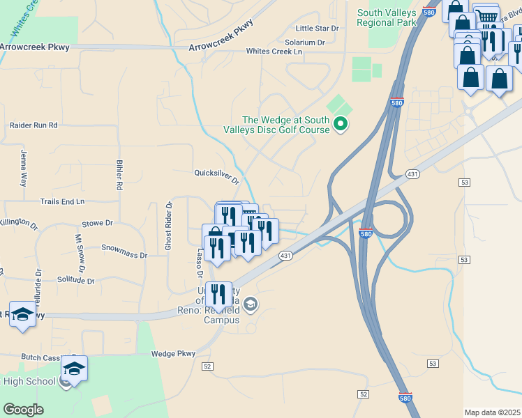 map of restaurants, bars, coffee shops, grocery stores, and more near 18124 Wedge Parkway in Reno
