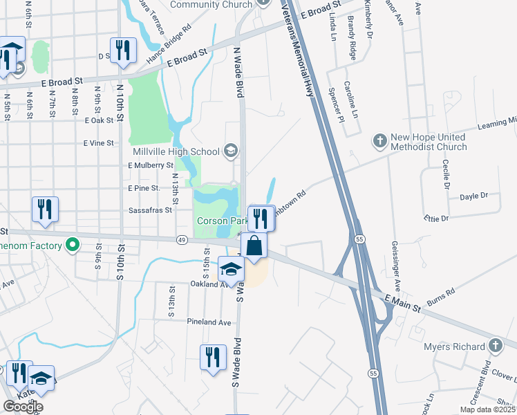 map of restaurants, bars, coffee shops, grocery stores, and more near 2 Newcombtown Road in Millville