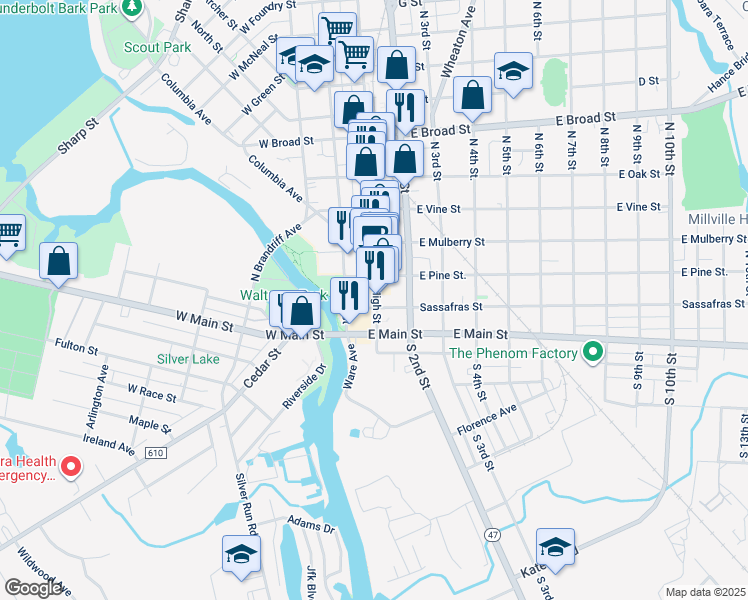 map of restaurants, bars, coffee shops, grocery stores, and more near 28 North High Street in Millville