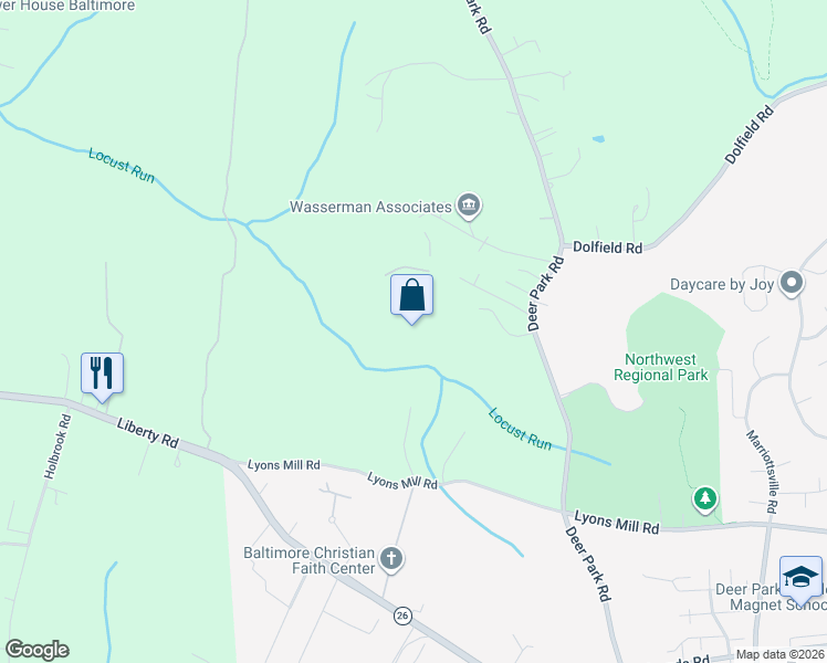map of restaurants, bars, coffee shops, grocery stores, and more near 1 Winning Drive in Owings Mills