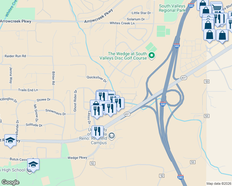map of restaurants, bars, coffee shops, grocery stores, and more near 18124 Wedge Parkway in Reno