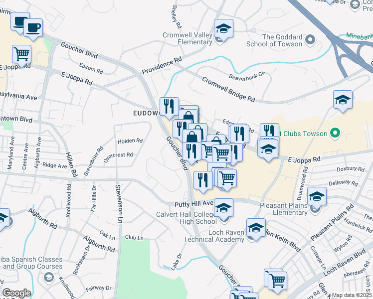 map of restaurants, bars, coffee shops, grocery stores, and more near 803 Goucher Boulevard in Towson