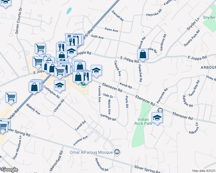 map of restaurants, bars, coffee shops, grocery stores, and more near 4411 Ebenezer Road in Nottingham