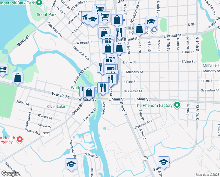 map of restaurants, bars, coffee shops, grocery stores, and more near 28 North High Street in Millville