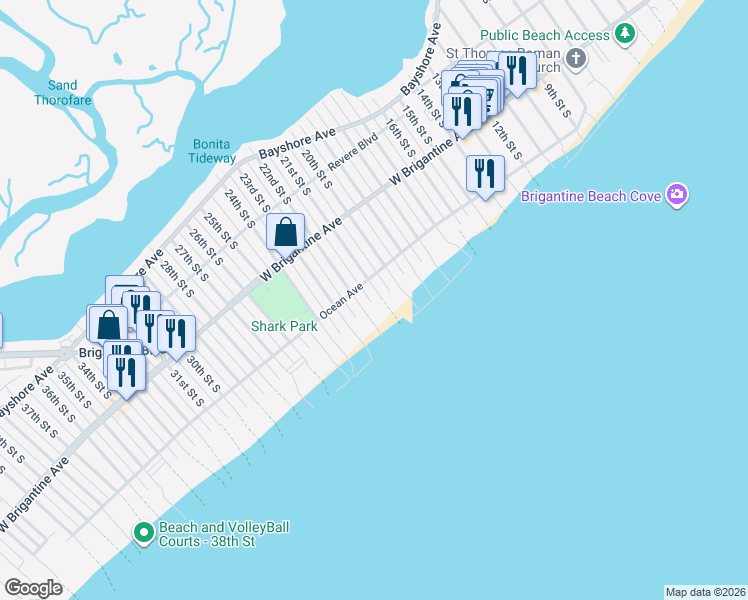 map of restaurants, bars, coffee shops, grocery stores, and more near 405 22nd Street South in Brigantine
