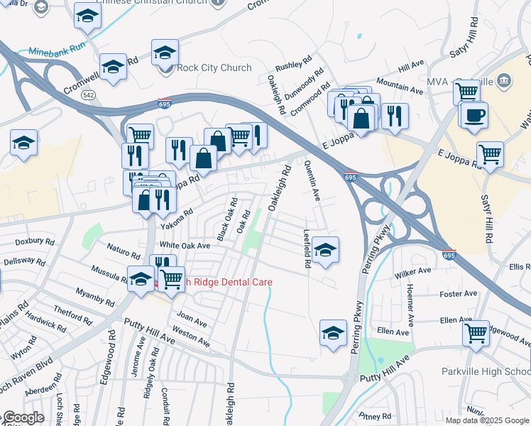 map of restaurants, bars, coffee shops, grocery stores, and more near 8634 Oakleigh Road in Parkville
