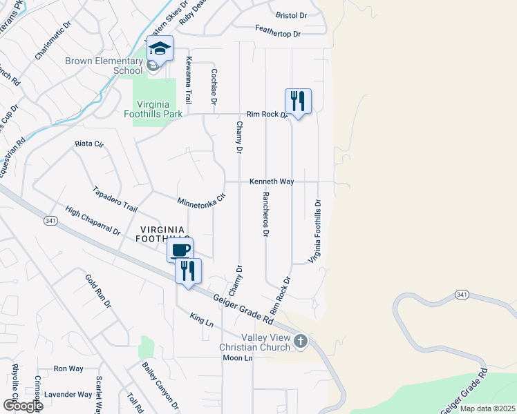 map of restaurants, bars, coffee shops, grocery stores, and more near 14555 Rancheros Drive in Reno