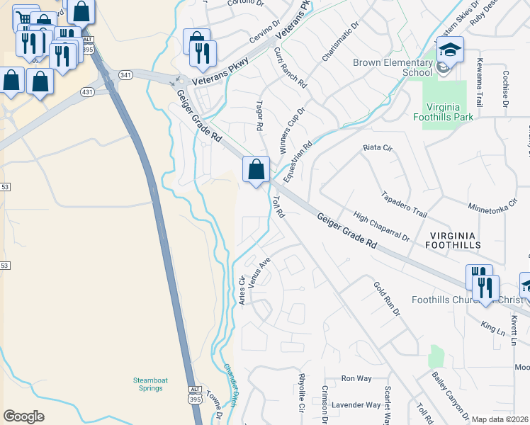 map of restaurants, bars, coffee shops, grocery stores, and more near 405 Mira Street in Reno
