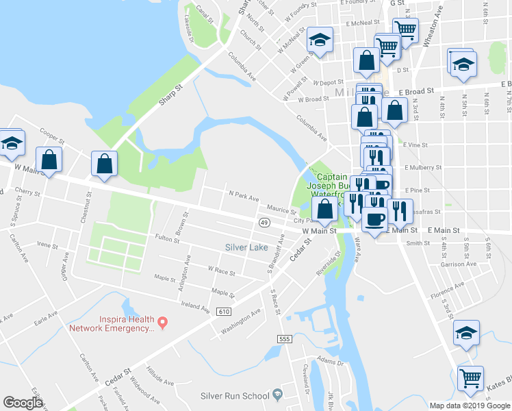 map of restaurants, bars, coffee shops, grocery stores, and more near 12 North Park Avenue in Millville