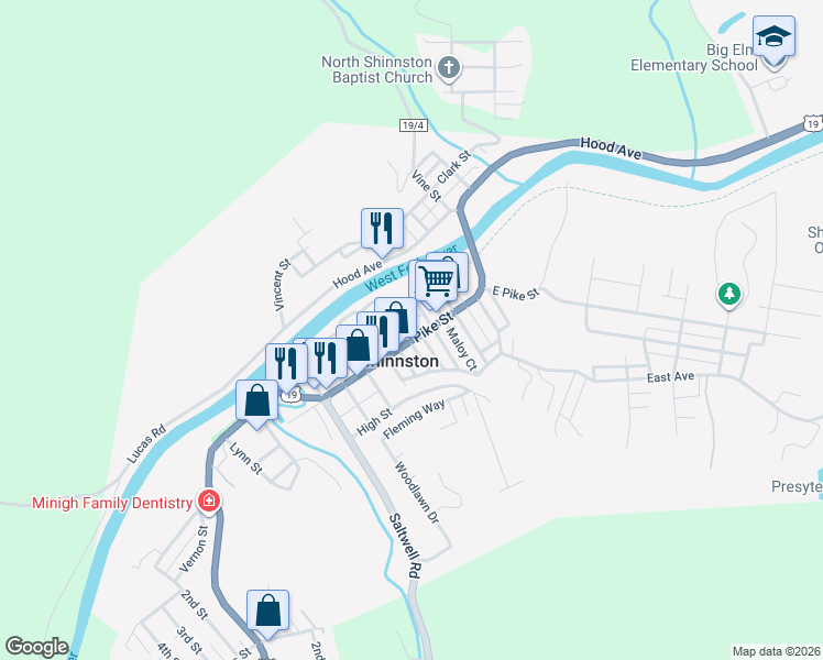 map of restaurants, bars, coffee shops, grocery stores, and more near in Shinnston