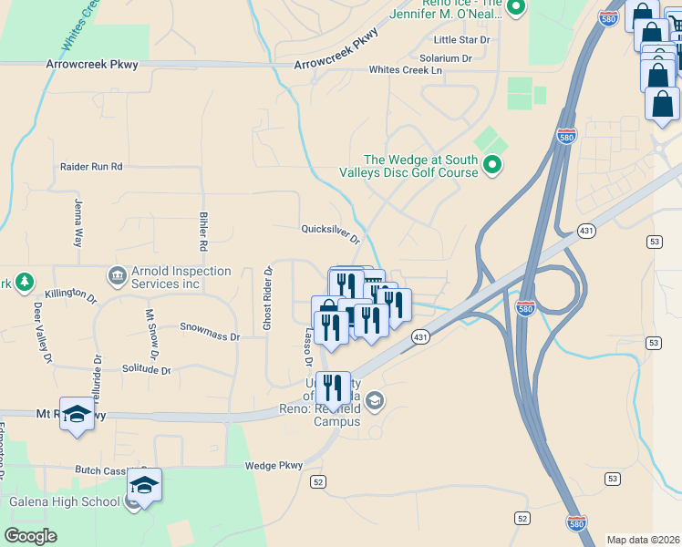 map of restaurants, bars, coffee shops, grocery stores, and more near 1960 Summer Star Road in Reno