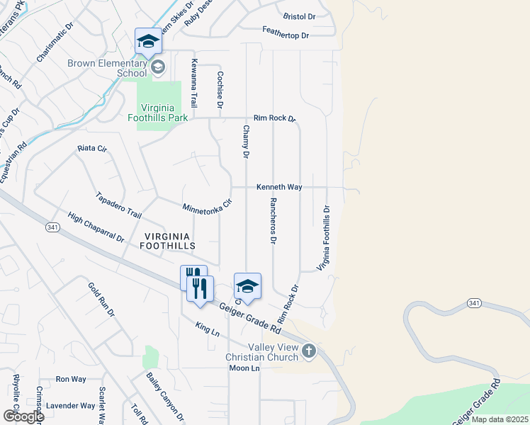 map of restaurants, bars, coffee shops, grocery stores, and more near 14555 Rancheros Drive in Reno