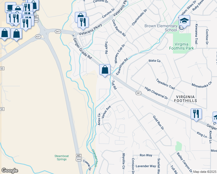 map of restaurants, bars, coffee shops, grocery stores, and more near 405 Mira Street in Reno