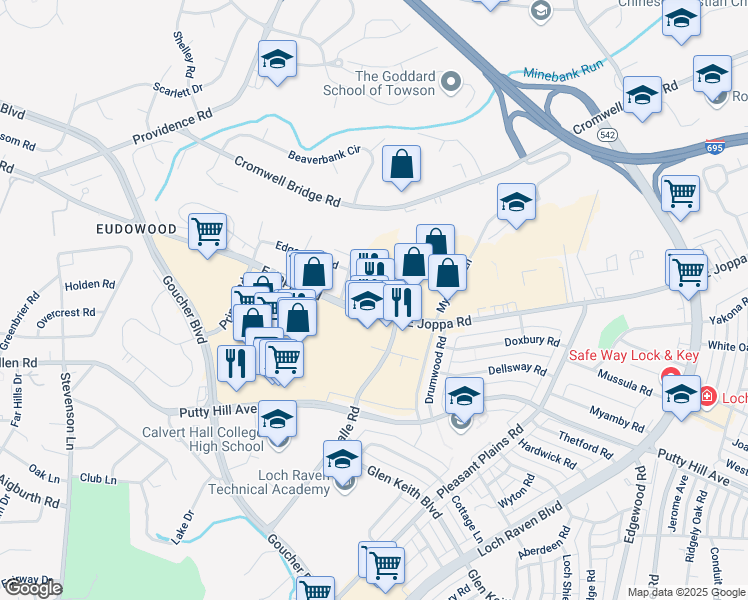 map of restaurants, bars, coffee shops, grocery stores, and more near in Towson