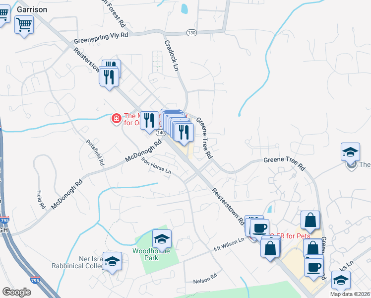 map of restaurants, bars, coffee shops, grocery stores, and more near 9022 Reisterstown Road in Pikesville