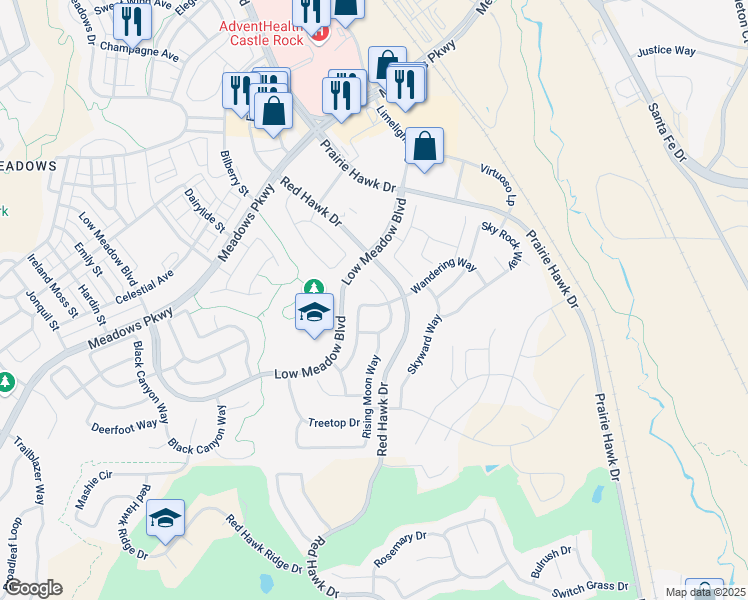 map of restaurants, bars, coffee shops, grocery stores, and more near 3207 Youngheart Way in Castle Rock