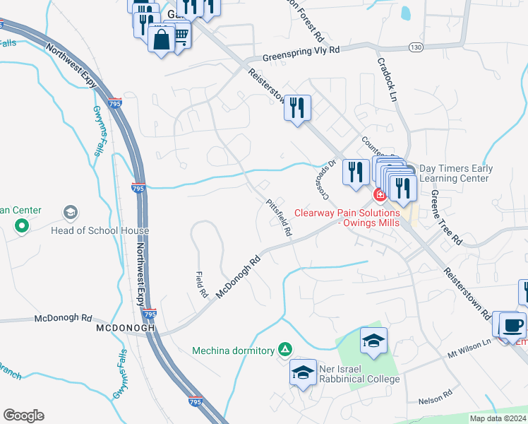 map of restaurants, bars, coffee shops, grocery stores, and more near 8003 Upperfield Lane in Owings Mills