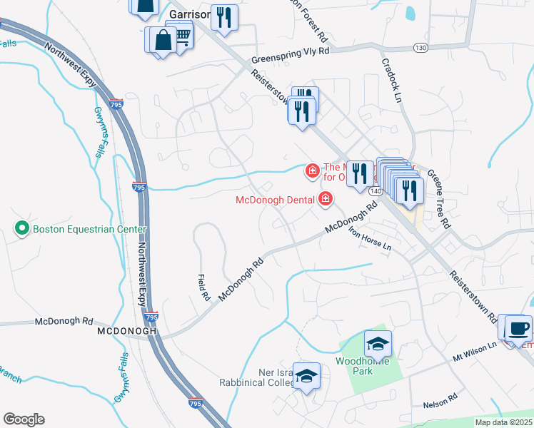 map of restaurants, bars, coffee shops, grocery stores, and more near 8003 Upperfield Lane in Owings Mills