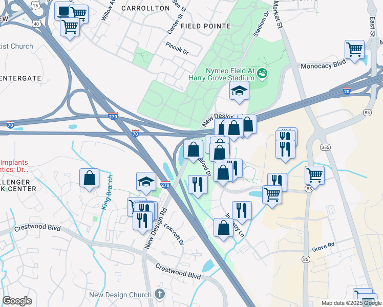 map of restaurants, bars, coffee shops, grocery stores, and more near 5927 New Design Road in Frederick