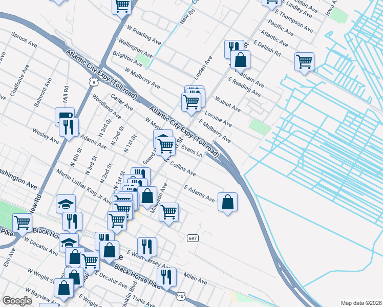 map of restaurants, bars, coffee shops, grocery stores, and more near 24 Collins Avenue in Pleasantville