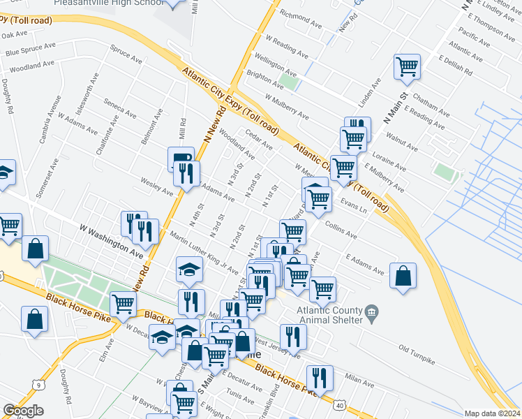 map of restaurants, bars, coffee shops, grocery stores, and more near 43 West Adams Avenue in Pleasantville