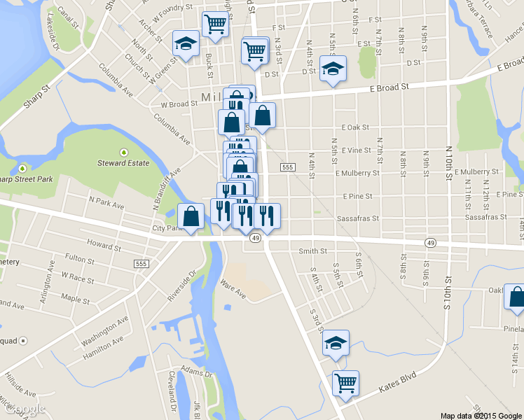map of restaurants, bars, coffee shops, grocery stores, and more near 24 North 2nd Street in Millville