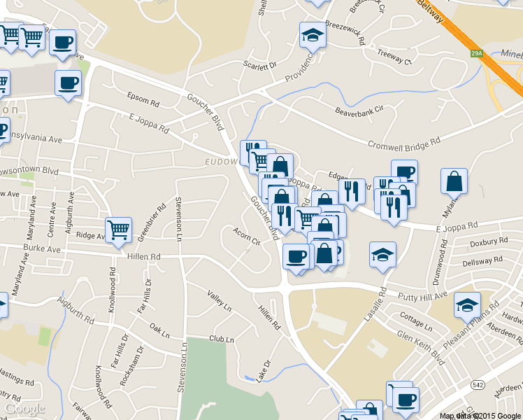 map of restaurants, bars, coffee shops, grocery stores, and more near 1655 Hardwick Road in Towson