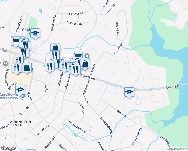 map of restaurants, bars, coffee shops, grocery stores, and more near 2104 Liberty Road in Eldersburg