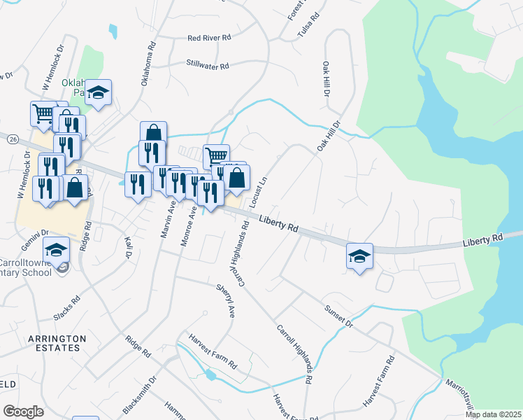 map of restaurants, bars, coffee shops, grocery stores, and more near 2104 Liberty Road in Eldersburg