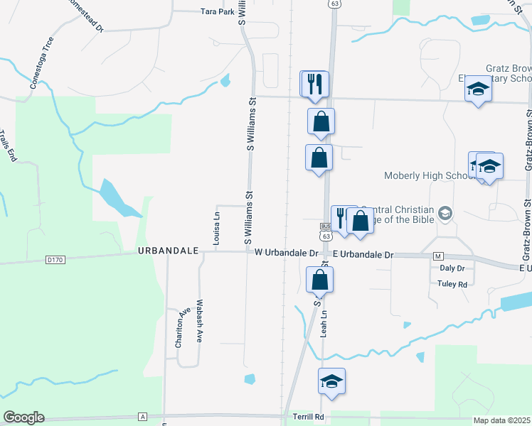 map of restaurants, bars, coffee shops, grocery stores, and more near 1715 South Morley Street in Moberly