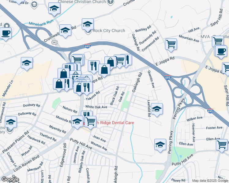 map of restaurants, bars, coffee shops, grocery stores, and more near 8650 Black Oak Road in Parkville
