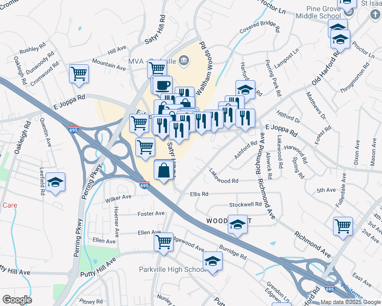map of restaurants, bars, coffee shops, grocery stores, and more near 8800 Old Harford Road in Parkville