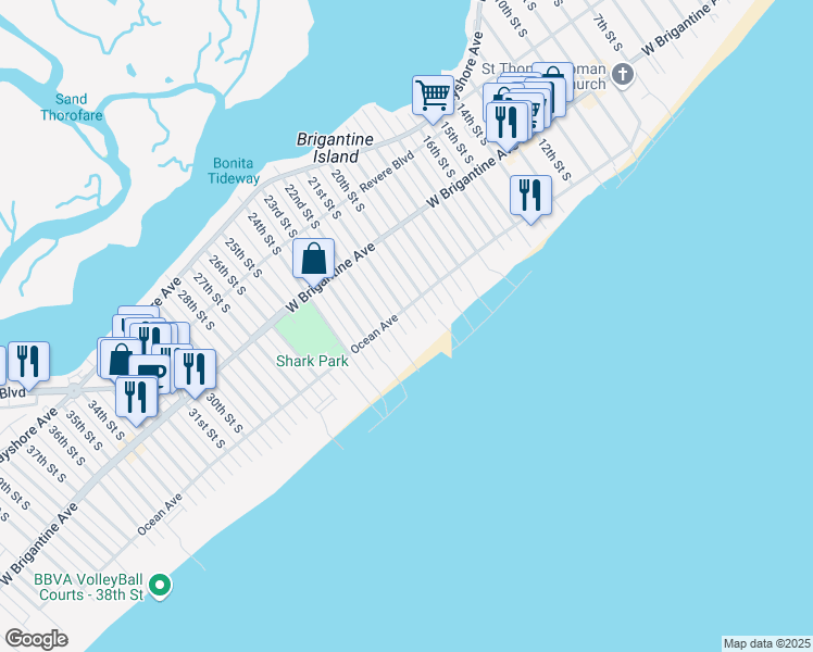 map of restaurants, bars, coffee shops, grocery stores, and more near 402 21st Street South in Brigantine