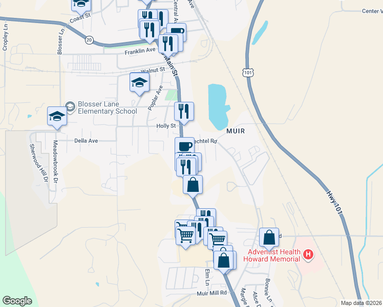 map of restaurants, bars, coffee shops, grocery stores, and more near 1431 South Main Street in Willits
