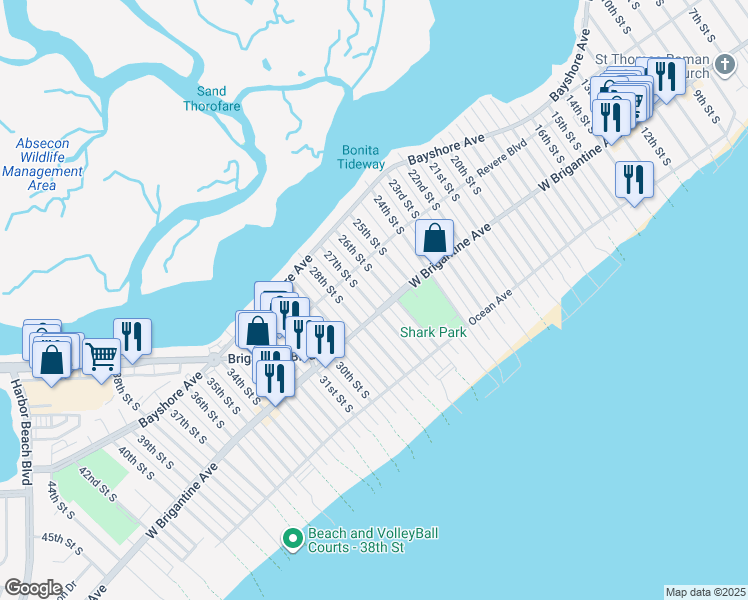 map of restaurants, bars, coffee shops, grocery stores, and more near 209 26th Street South in Brigantine